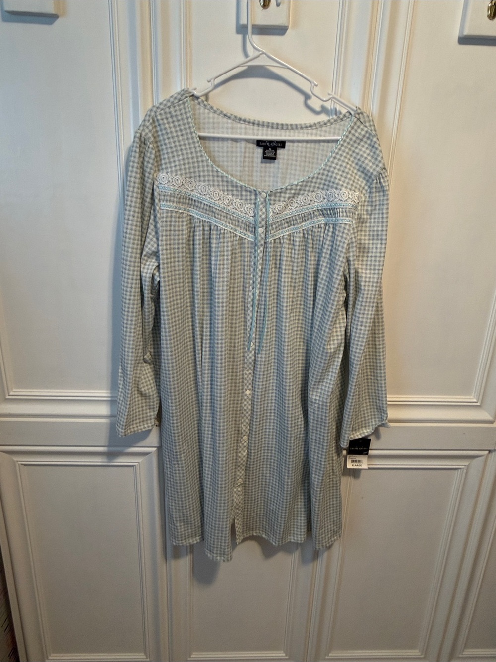 Women's Long-Sleeve Button-Front Nightdress Moo Moo in Light Blue Gingham